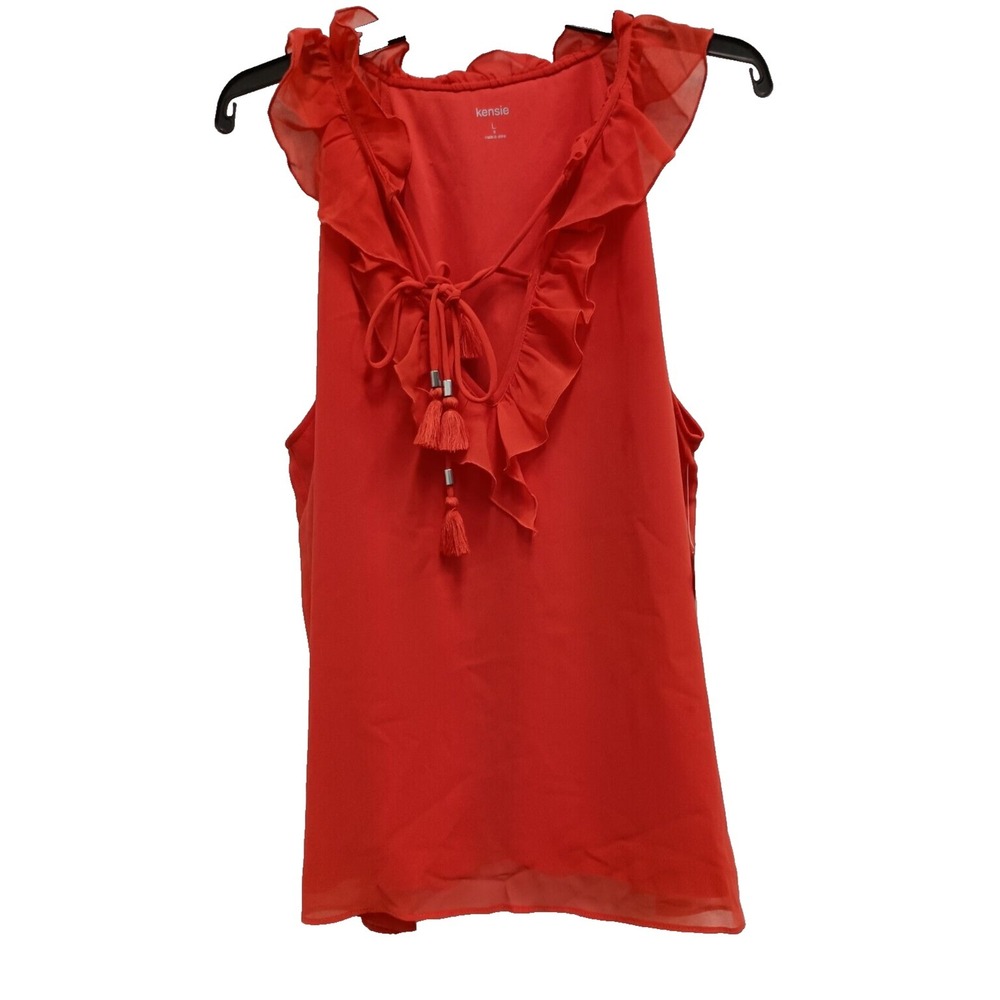 Kensie BOHO Top Womens Large Orange Ruffle V-Neck Tassel Tie Sleeveless NWT